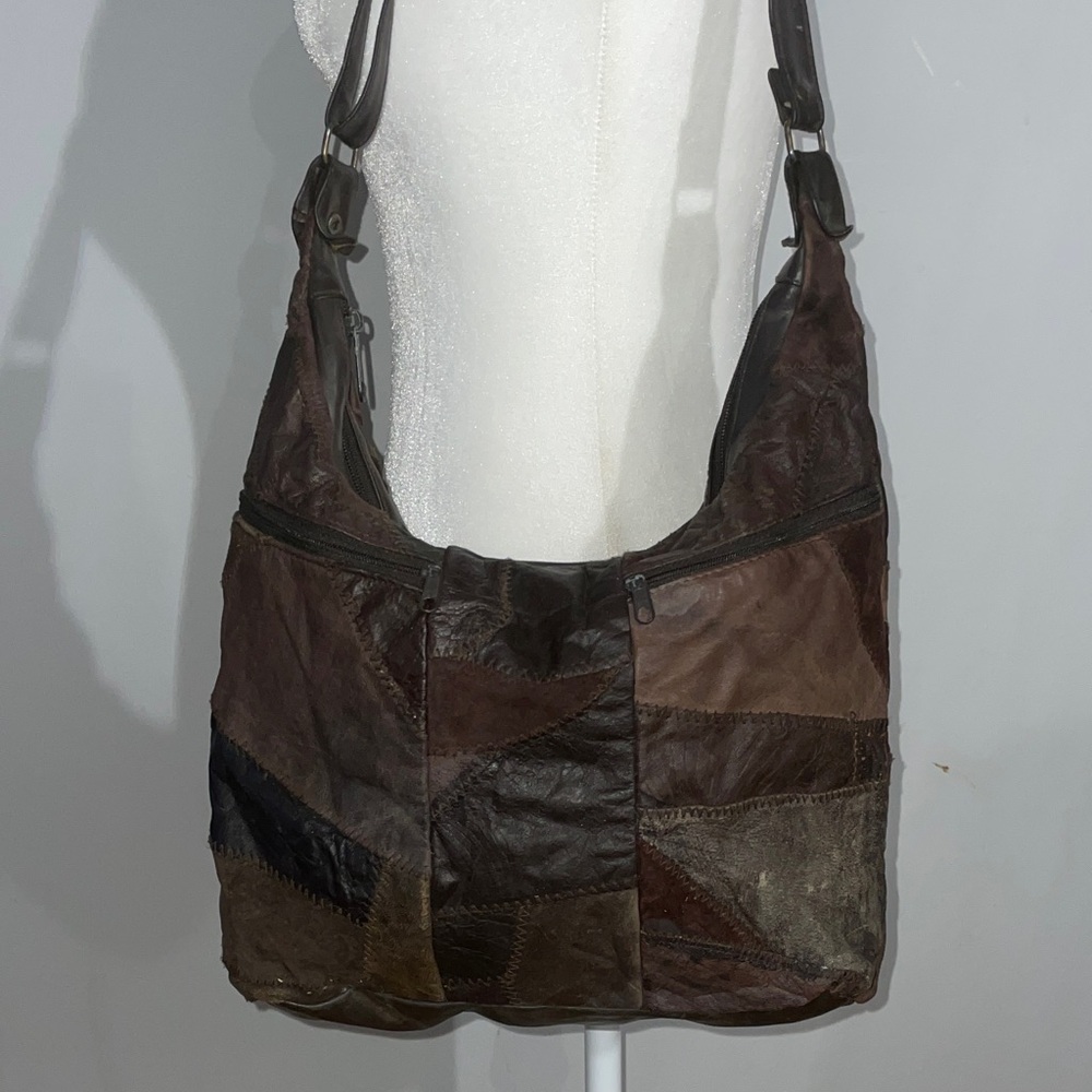 Vintage 90s Brown Patchwork Leather Hobo Bag